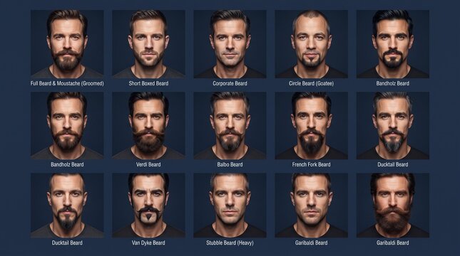 Beard and mustache styles chart featuring diverse facial hair options  