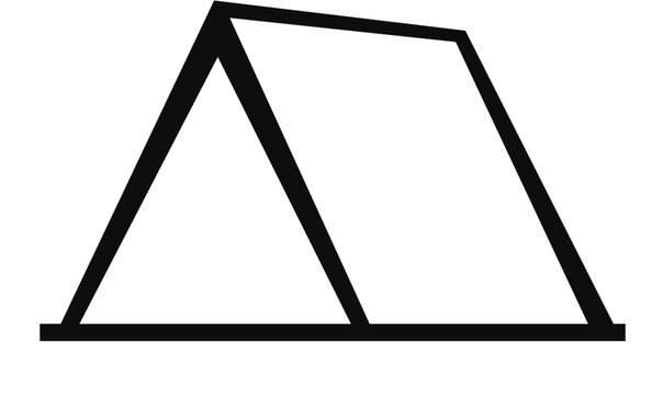 Clean flat vector line icon of a camping tent, designed for outdoor gear catalogs, trail route cards, festival maps, and campsite labels.