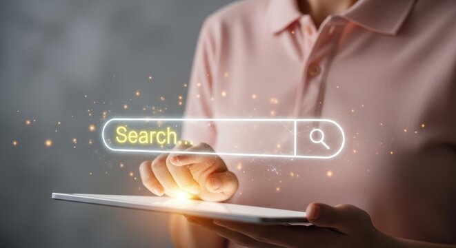 Digital search bar tablet interface stock photograph
