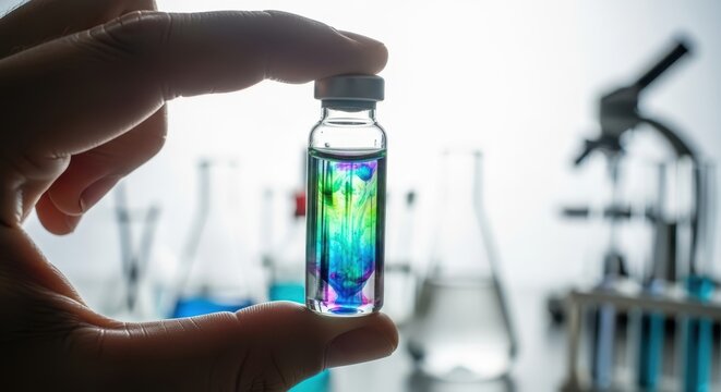 Hand holding laboratory vial with colored fluid stock photograph