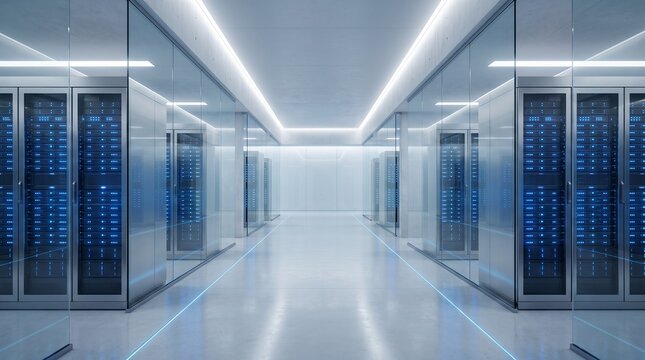 Modern server room interior featuring rows of high tech computer hardware cabinets illuminated by bright white and blue ambient lighting