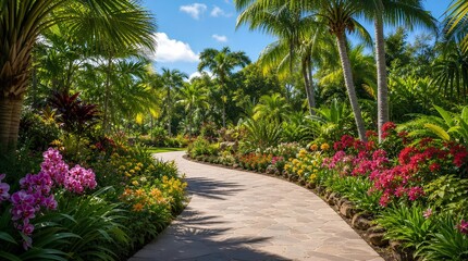 Fototapeta premium A sunlit stone path winds through a lush tropical garden filled with palms, orchids, and bright flowers, ideal for resort, travel, or landscaping promotion.