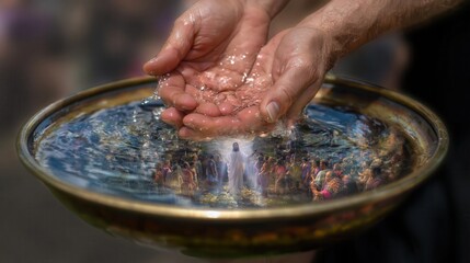 Obraz premium Adult hands washing in brass bowl with reflective water mirroring faint human figure, moody directional light, deep shadows, warm metal tones, intimate contemplative religious symbolism