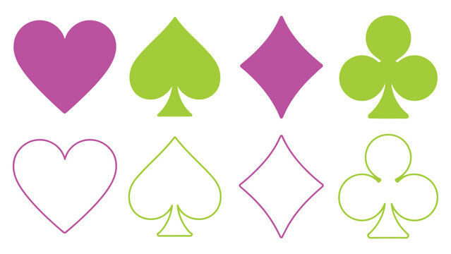 Colorful playing card suits icons in solid and outline styles