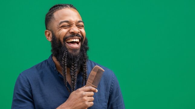 Happy man with beard styling tool smiling against green background  