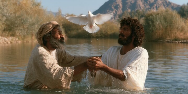 Man receiving baptism in calm river beneath descending dove, with raised hands, wet clothing, lush forest bank, soft daylight, and peaceful outdoor ceremony setting