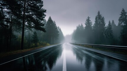 Naklejka premium Empty wet two-lane road vanishing into morning mist through dense evergreen forest with reflective surface, guardrails, cool overcast light, deep perspective, quiet rural scenery