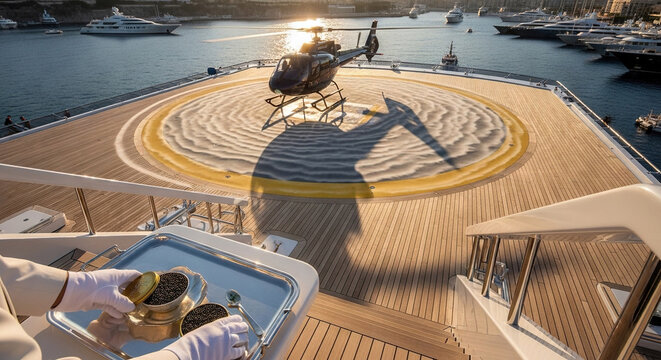 Luxury yacht with helicopter pad in a marina during sunset