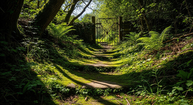 Pathway Leading to a Rustic Gate in Lush Greenery