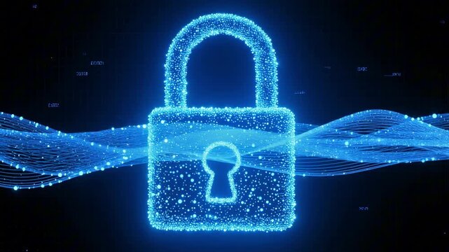Glowing blue particle padlock symbol over flowing data waves on dark background, representing cyber security, secure authentication, network protection, and digital identity verification.