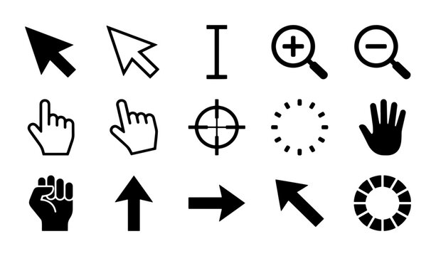 Minimalist computer cursor icons set, 15 black and white vector mouse pointers, digital interface navigation symbols for web design