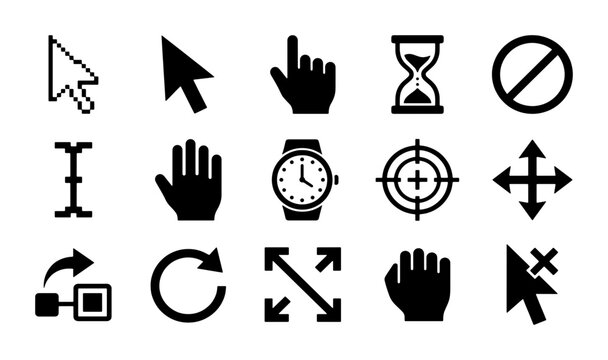 Minimalist computer cursor icon set, 15 black mouse pointer vector elements, digital interface navigation symbols for web and app design