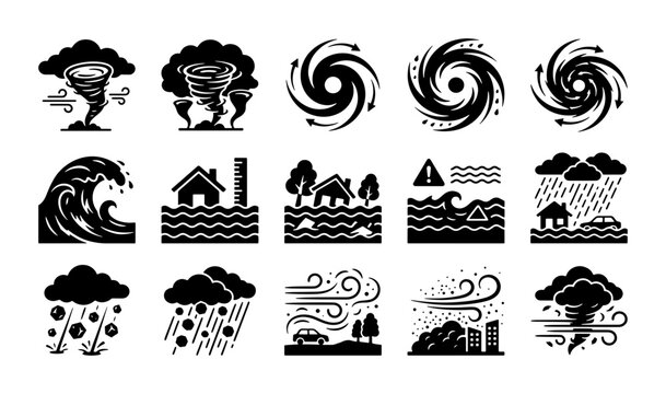 Natural disaster icons set, 15 extreme weather vector symbols, black hurricane and tornado glyphs, flood and storm warning signs for insurance and news