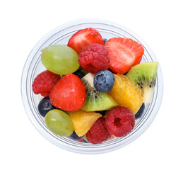 Naklejka premium Tasty fruits in plastic cup isolated on white, top view. To go snack
