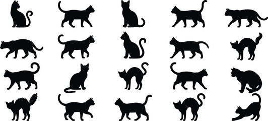 Halloween black cat silhouette vector set, spooky feline icons pack © MehediHasan