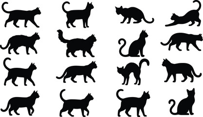 Fototapeta premium Halloween black cat silhouette vector set, spooky cat poses clipart