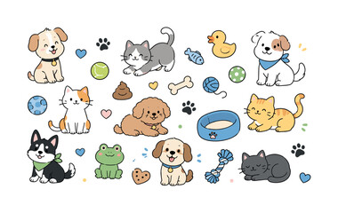 Fototapeta premium Cute cartoon pets and accessories doodle set with dogs, cats, and toys