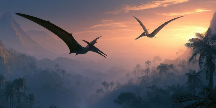 Two pterodactyls gliding over misty prehistoric rainforest at sunrise, warm backlight, layered mountain silhouettes, broad wings, atmospheric sky, dramatic natural scene