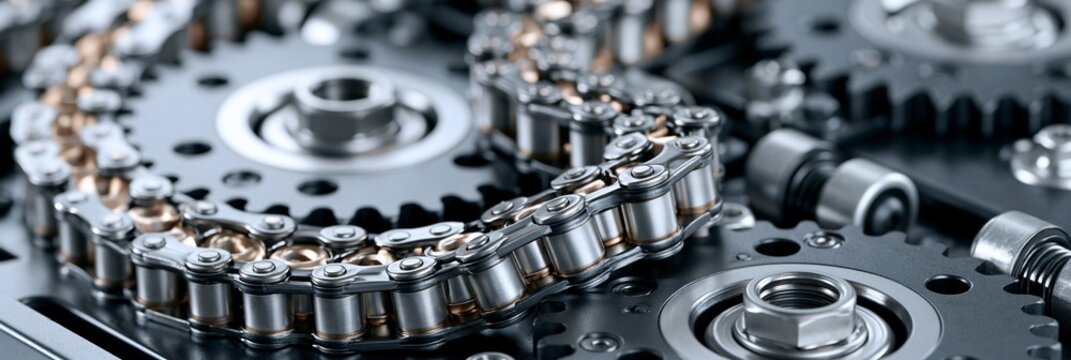Medium shot of roller chain meticulously wrapped around sprockets and tensioners on a jig highlighting durable metallic links engineered for highperformance timing systems.