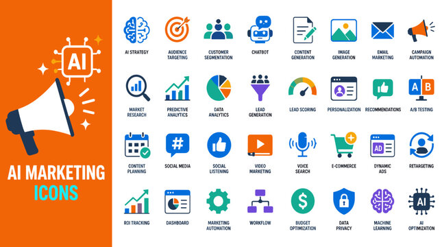 Artificial intelligence marketing concept with megaphone icons.