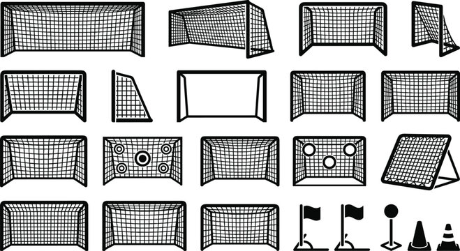 Soccer Goal Post Silhouette Vector Icon Set with Football Nets and Training Equipment for Sports Field Graphic Design
