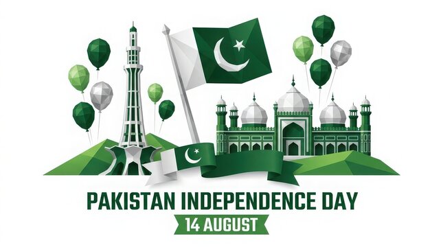 Pakistan independence day illustration with minar e pakistan badshahi mosque and national flag elements