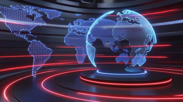 Futuristic news studio with glowing digital globe and world map image photo