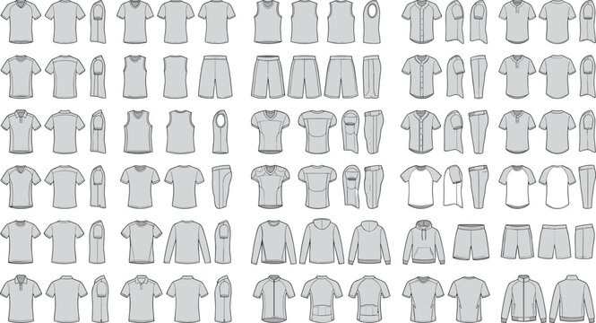 Sportswear Clothing Technical Flat Sketch Mega Vector Set with Blank Jerseys Hoodies and Shorts Templates for Fashion Designers