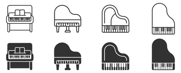 piano icons set, musical instrument symbols, grand and upright styles, vector illustration on transparent background © Наталья Перова