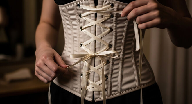 Woman Adjusting Light-Colored Corset with Laces