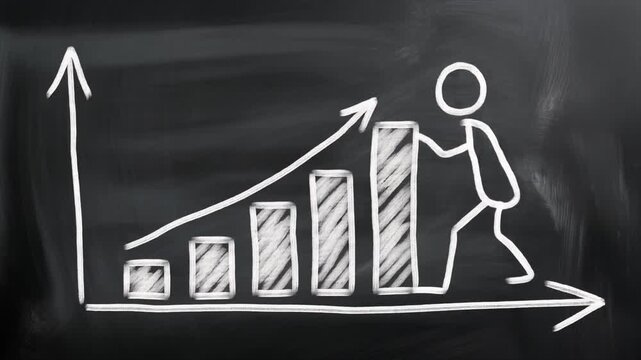 Stick figure climbing a bar graph made of chalk drawings on a blackboard chart business