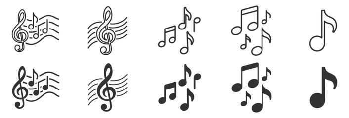 Fototapeta premium music notes and treble clef icons set, line art and solid style vector illustration on transparent background