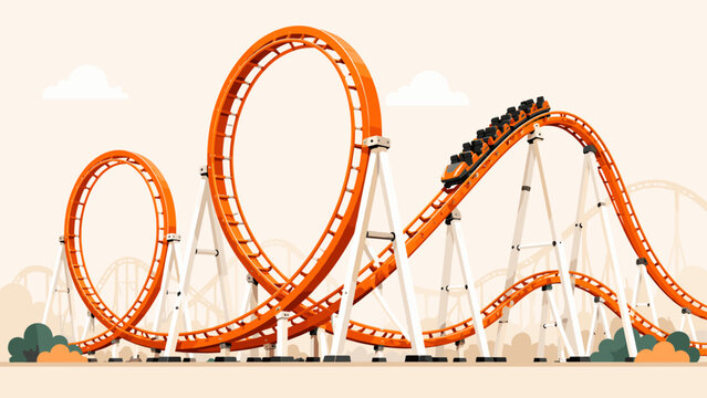 Thrilling orange roller coaster with loops and a train full of riders