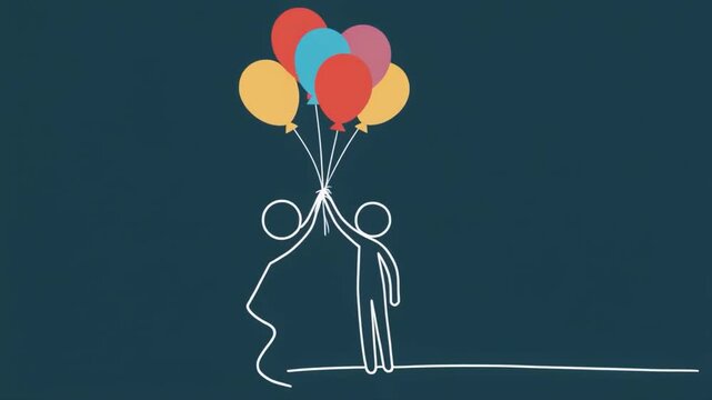 Two Stick Figures Holding a Bunch of Colorful Balloons Together on a Dark Blue Background unity