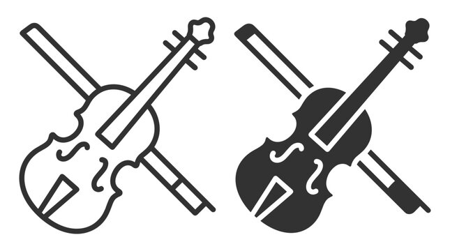 violin with bow line and solid black icon set musical instrument string instrument on transparent background
