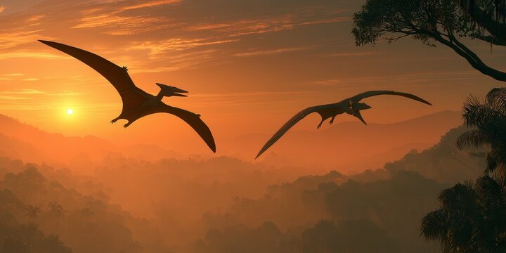 Two pterodactyls gliding over misty prehistoric rainforest at sunrise, warm backlight, layered mountain silhouettes, broad wings, atmospheric sky, dramatic natural scene