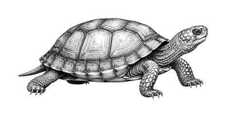 Fototapeta premium Detailed black and white illustration of a tortoise walking on a white background