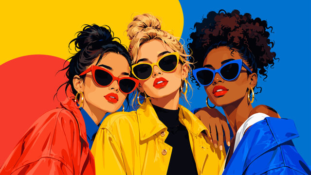 Three stylish friends in sunglasses with bold pop-art fashion mood, friends, sunglasses, people, fashion, portraits, pop art,