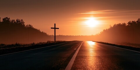 Naklejka premium Silhouette cross beside empty rural road at sunrise with warm backlight, reflective wet asphalt, long shadows, open horizon, peaceful countryside mood and soft morning glow