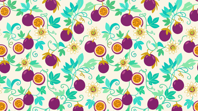 Vibrant seamless pattern featuring passionfruit blossoms and foliage with lively colors and intricate details for textile and