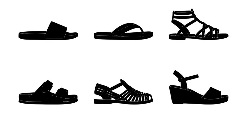 Minimalist sandal silhouettes set, 6 black summer footwear vector icons, flat flip flops and gladiator sandals collection for fashion design