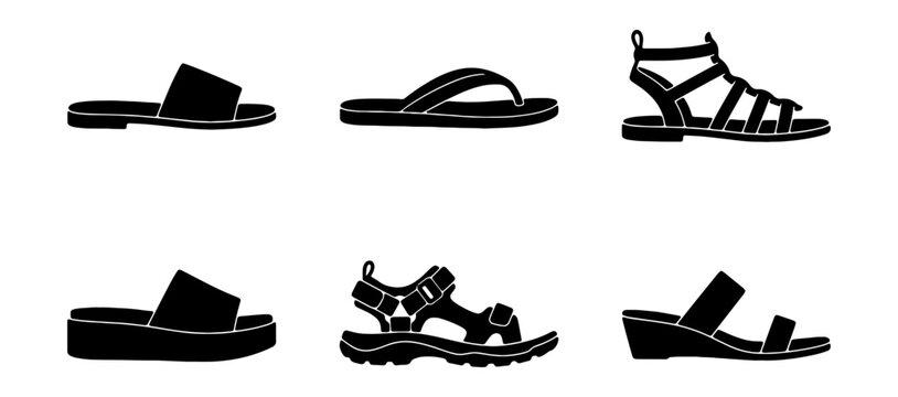 Minimalist black sandals silhouette set, collection of 6 summer footwear icons, flat and wedge female shoes vector, casual beach and fashion footwear
