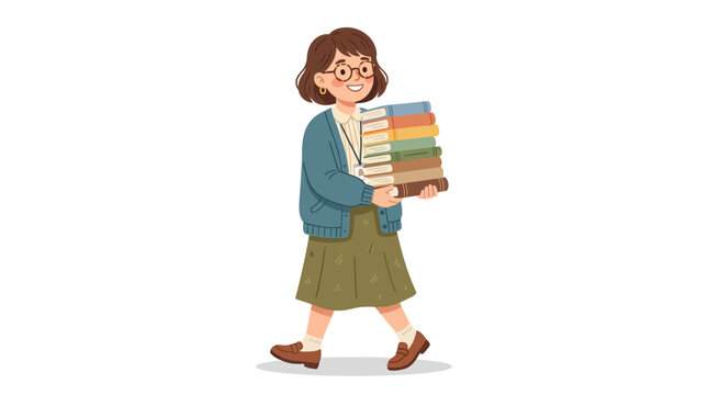 Woman Carrying Stack of Colorful Books.