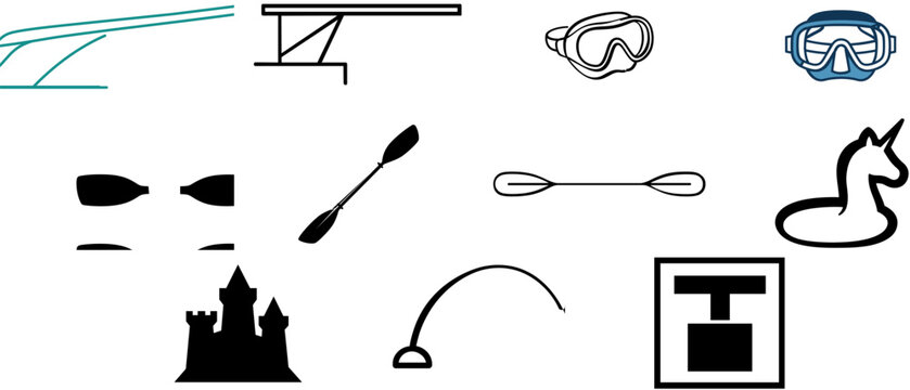 11 pool and water play vector icon set bundle featuring diving board, diver, snorkel masks, kayak paddles, inflatable float, sand castle, and sprinkler fun