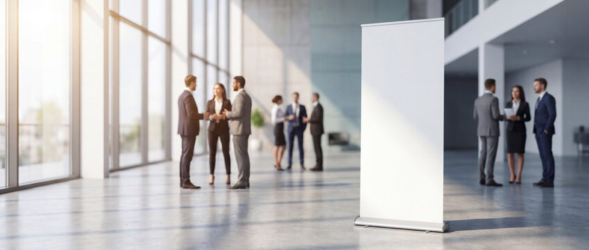Blank rollup banner mockup in exhibition hall featuring a clean white vertical display stand against blurred networking business people in a sunny corporate lobby for event branding