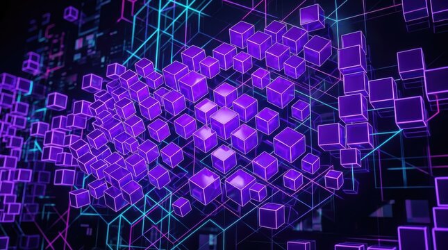 Purple floating cubes futuristic abstract pattern with vibrant 3D blocks. Geometric neon technology grid with a glossy dynamic