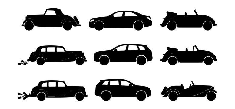 Vintage and modern car silhouettes set, collection of 9 black vehicle icons, retro automobile side view vector graphics for design