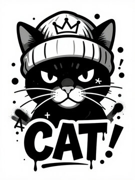 Stylish cat, graffiti illustration, black and white, feline portrait, urban fashion