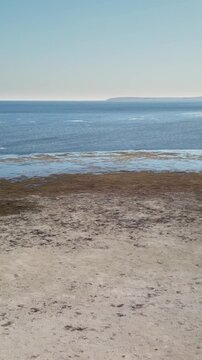 Vertical aerial drone view of the Aral Sea coastline, showing a remote shore, water, sandy land, and a stark natural landscape.