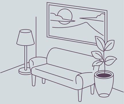 Cozy living room interior design line vector illustration with comfortable sofa, floor lamp, and wall art frames hand drawn doodle sketch